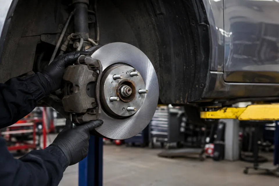 Technician servicing a brake rotor and caliper