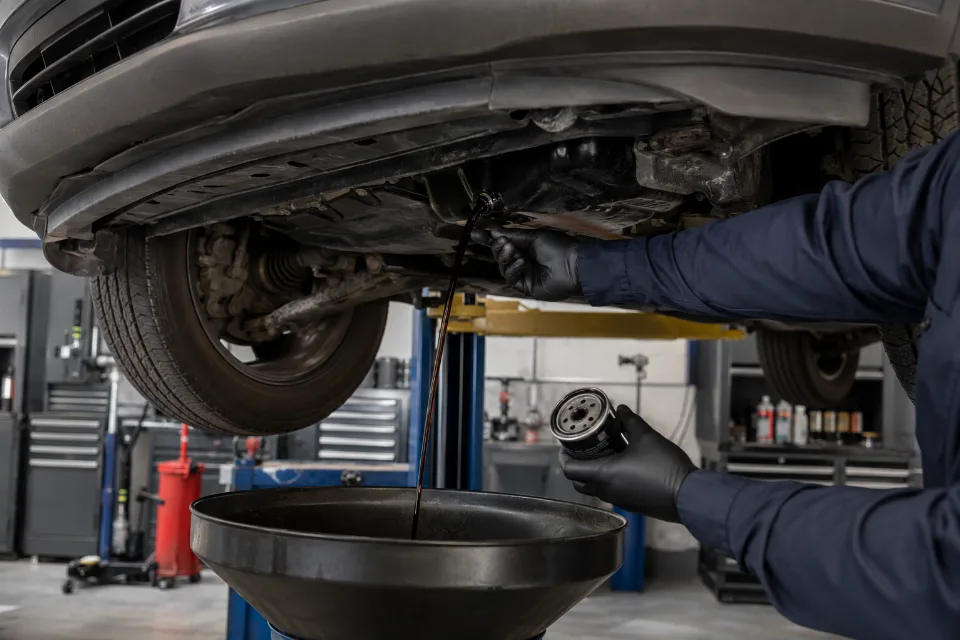 Technician changing the oil and filter on a common vehicle